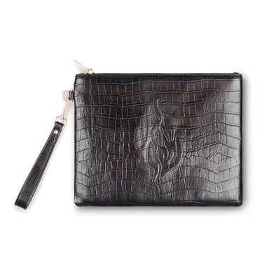 Leather Tefilin Clutch Bag with Embossed logo 26.5x20.5 cm - Black