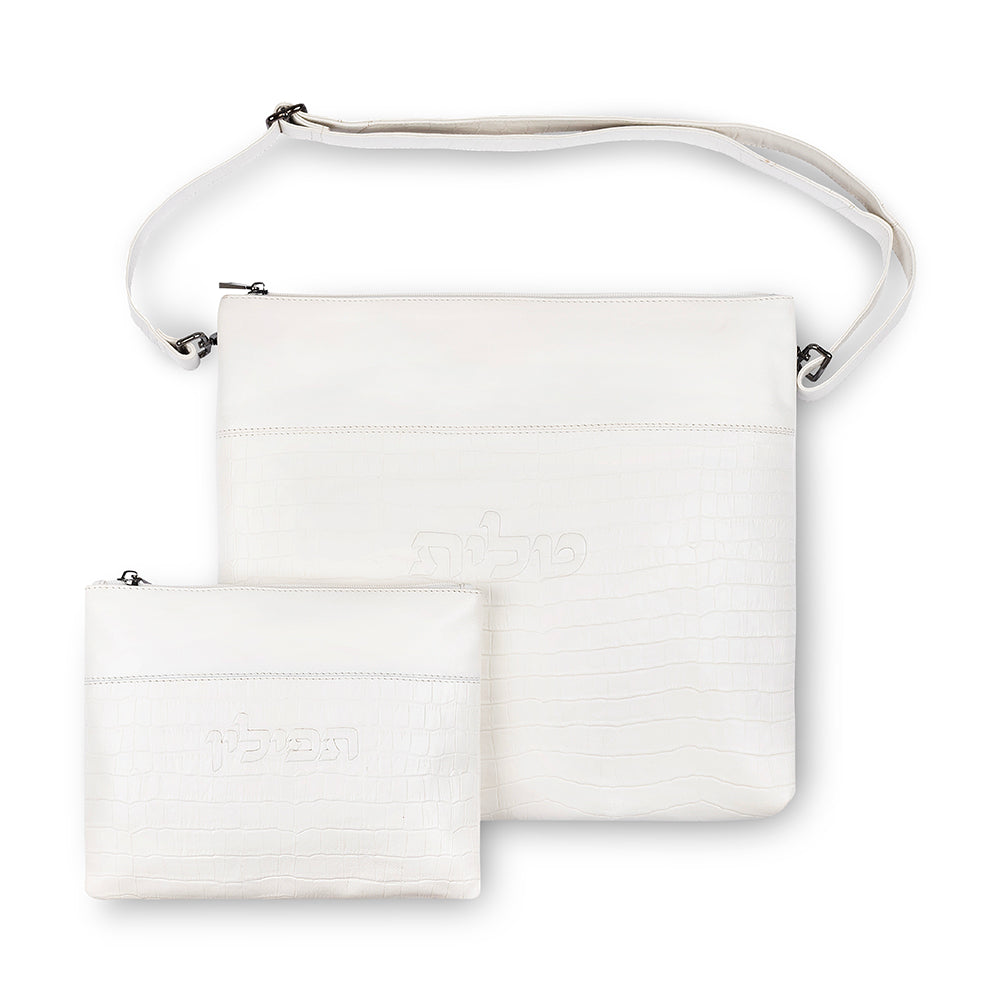 Leather Tallit & Tefillin Set 33x37 cm - White