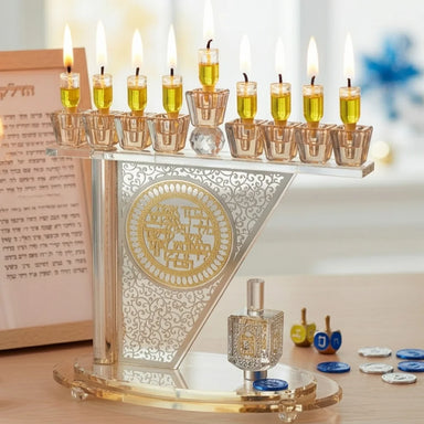 Crystal Menorah 28*27 cm with Metal Plaque and Stones
