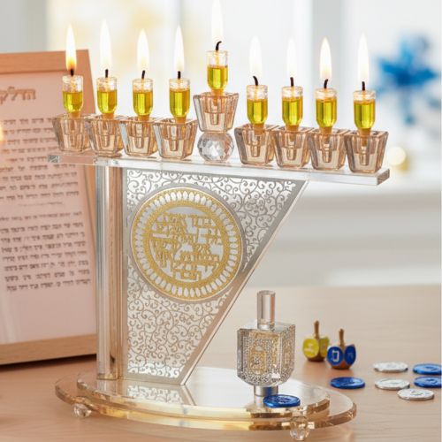 Crystal Menorah 28*27 cm with Metal Plaque and Stones