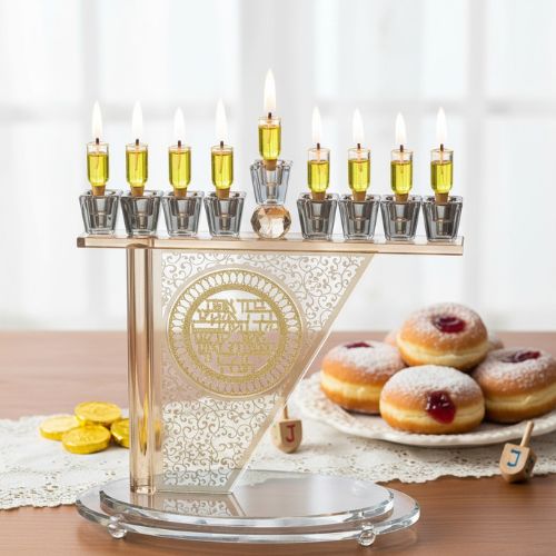 Crystal Menorah 28*27 cm with Metal Plaque and Stones