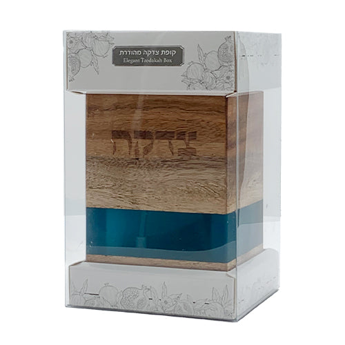Wood Tzedakah Box with Turquoise Epoxy 14 cm