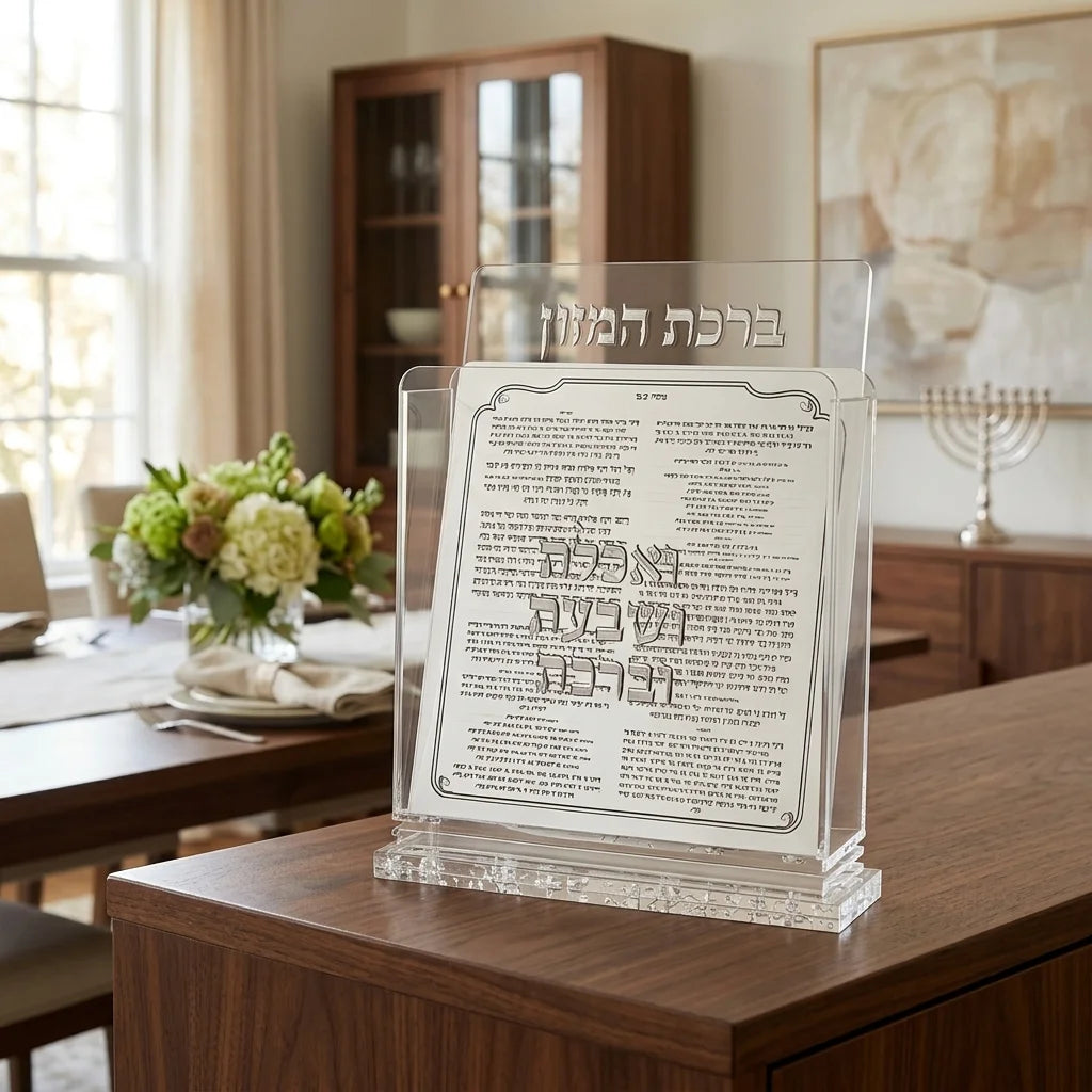 Lucite Stand 6 pcs Bencher 18*19 cm- Sephardic Food Blessing, Silver Color