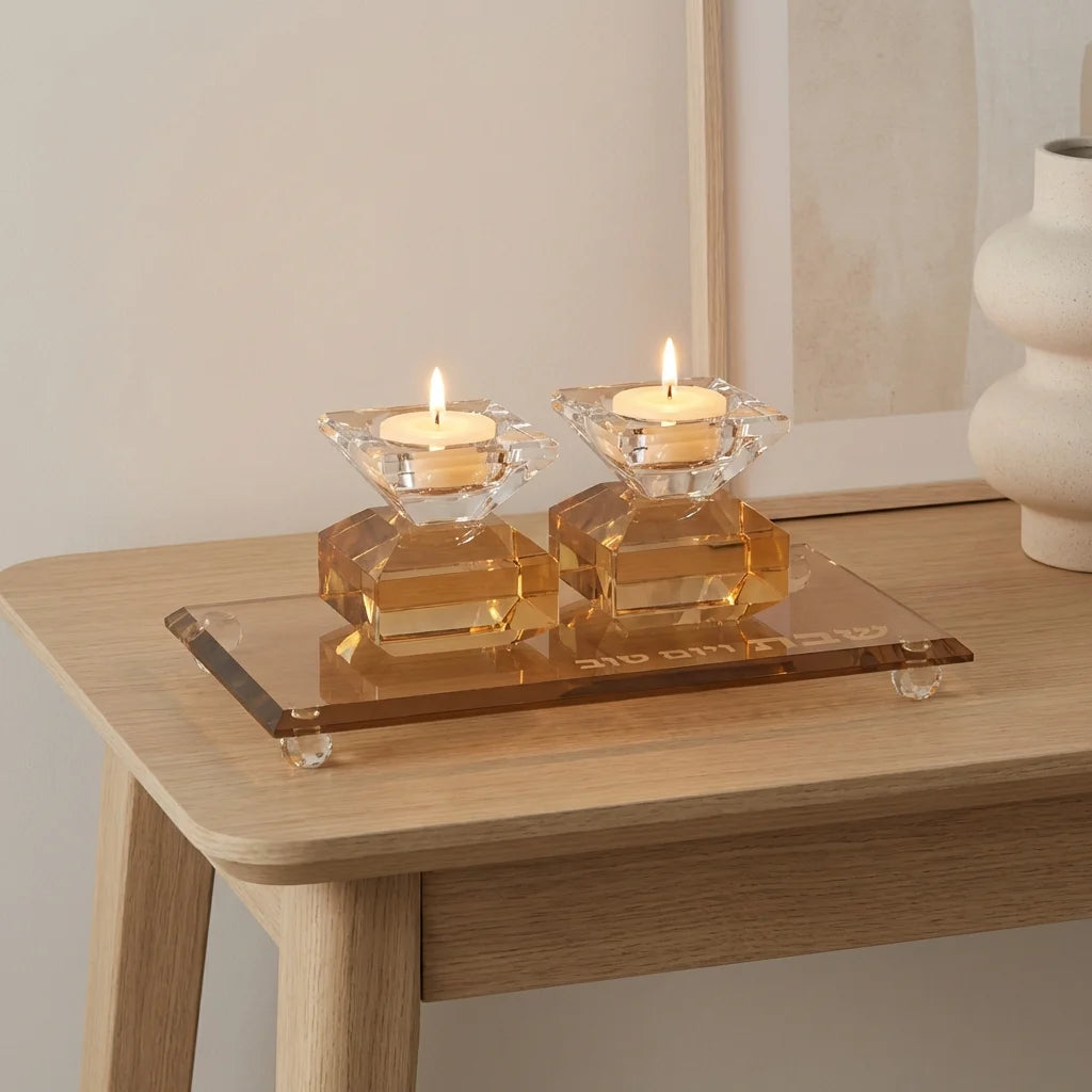 Set of Crystal Elegant Candlesticks and Tray - Gold