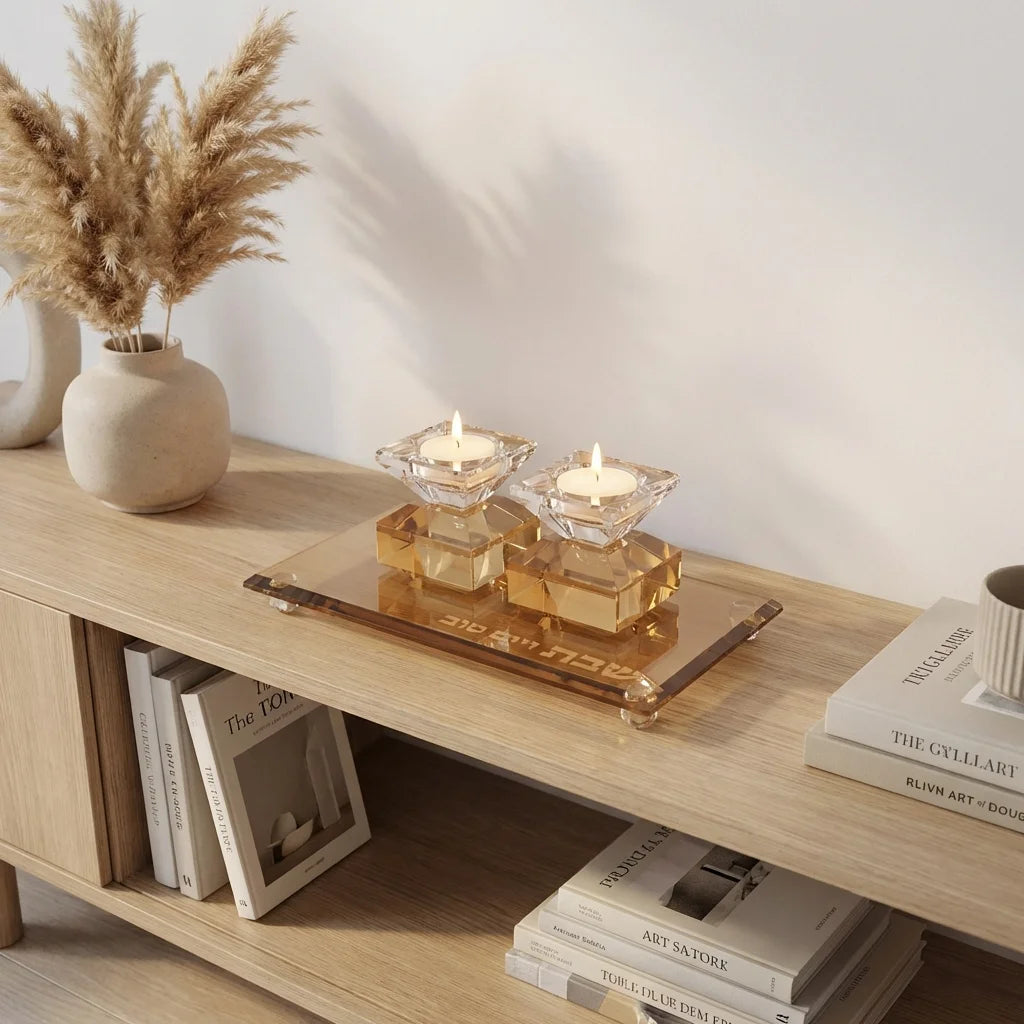 Set of Crystal Elegant Candlesticks and Tray - Gold