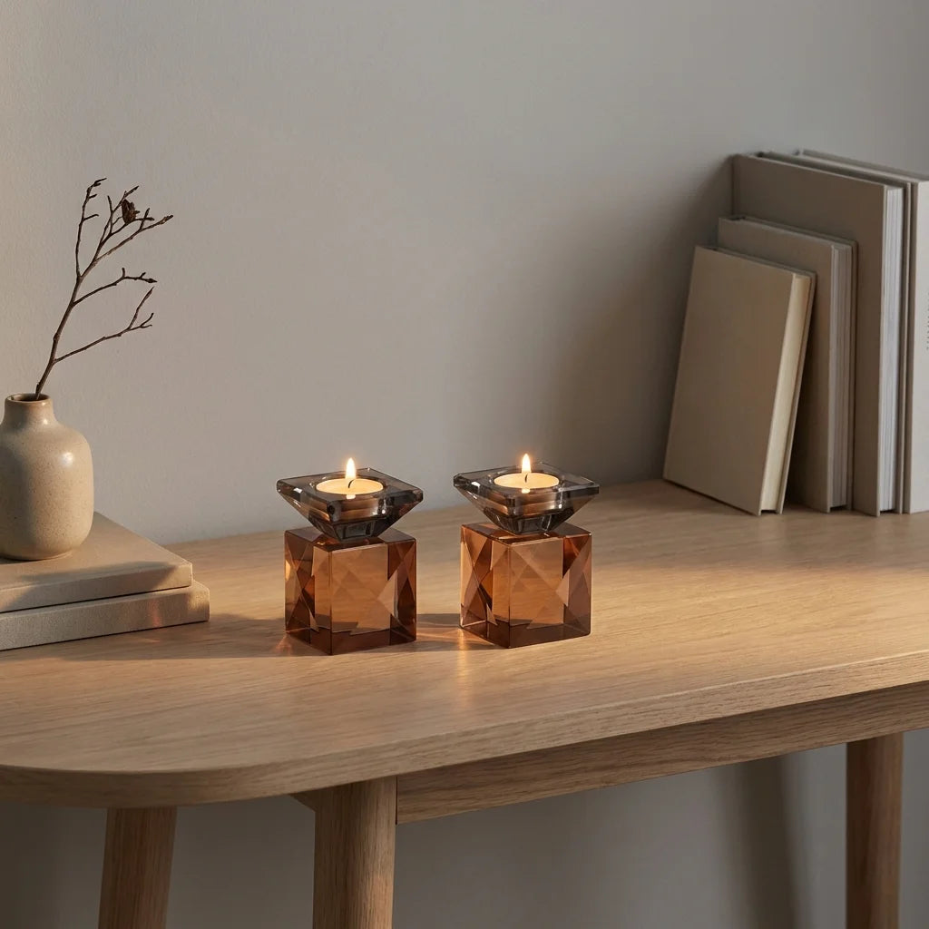 Pair of Crystal Elegant Candlesticks 9 cm - Rose Gold, Dark Blue