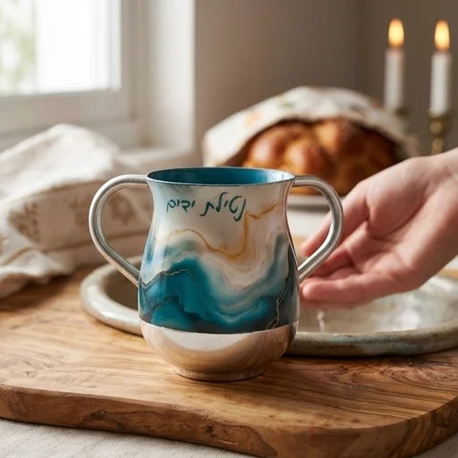 Aluminum Washing Cup 13cm Blue Marble - Gold, White