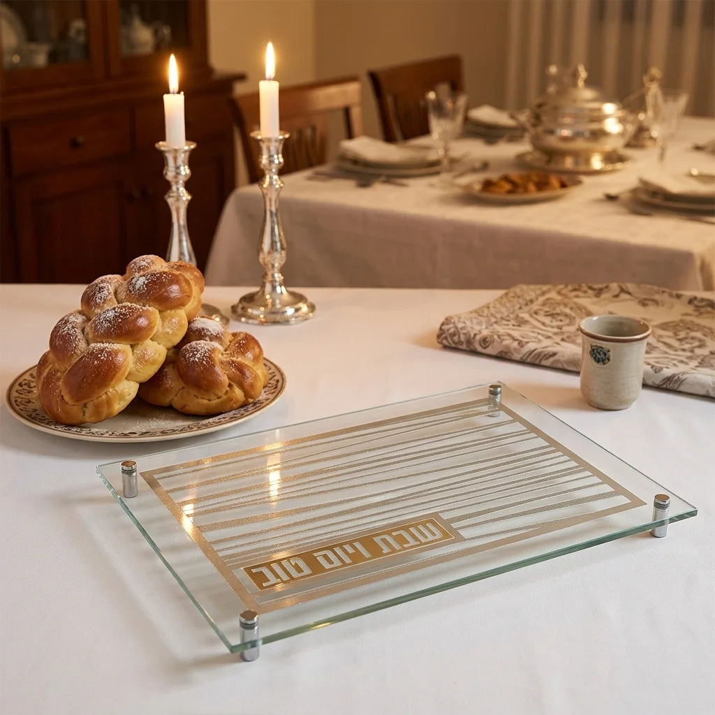 Glass Challah Tray 42*29 cm - Silver, Striped