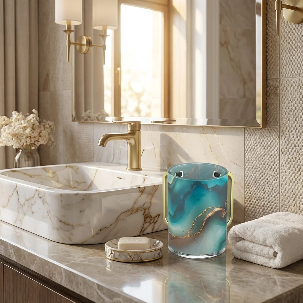 Lucite Washing Cup 13 cm - Gold Handles - White, Blue