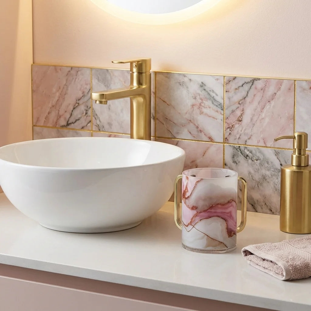 Lucite Washing Cup 13 cm - Gold Handles - White, Pink