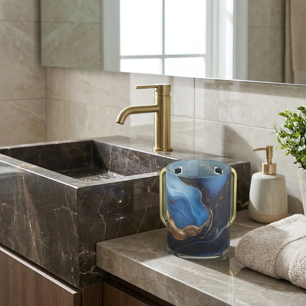 Lucite Washing Cup 13 cm - Gold Handles - Dark Blue