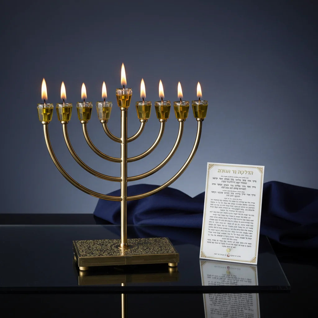 Metal Menorah with Crystal Base and Plaque 36cm - Gold