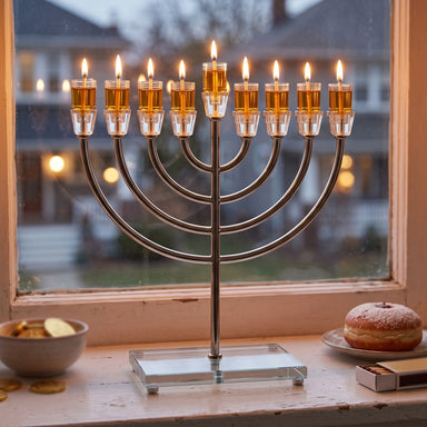 Metal Menorah with Crystal Base 36cm - Gold, Silver