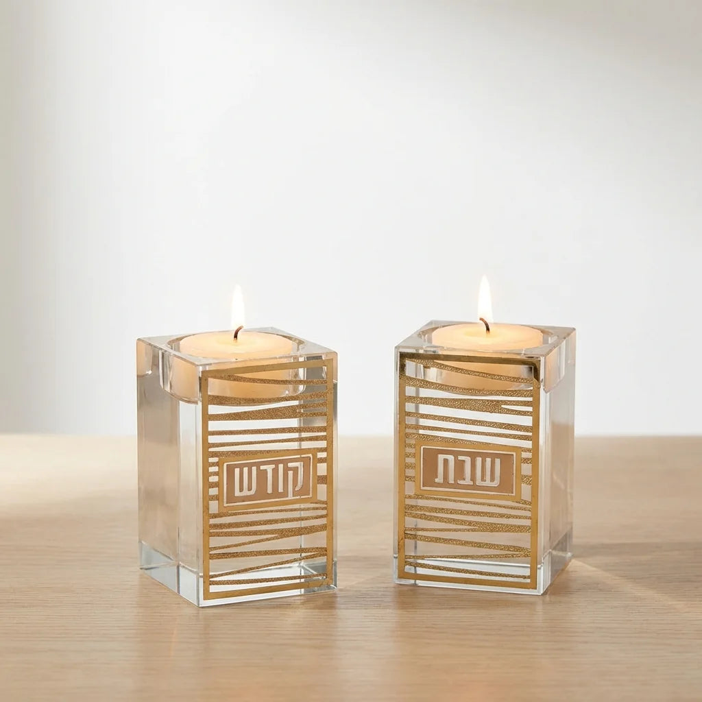 Crystal Candlesticks 7.5 cm with Metal Plaque- Lines - Striped