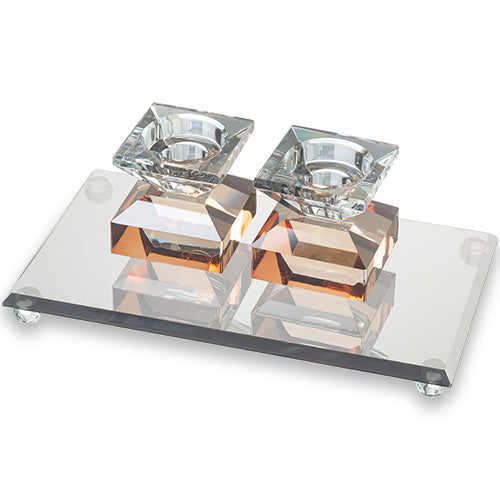 Crystal Tray with Crystal Elegant Candlesticks 7cm - Rose Gold, Dark Blue