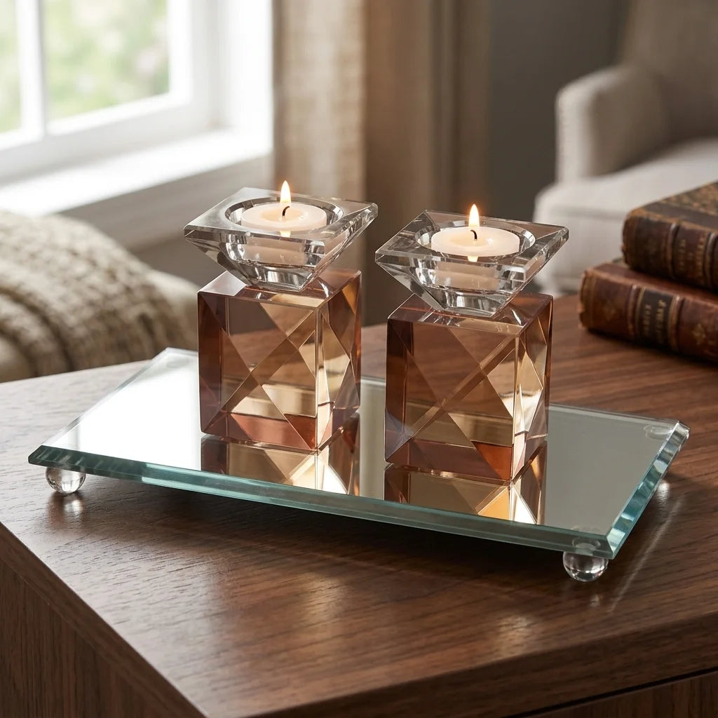 Crystal Tray with Crystal Elegant Candlesticks 9cm - Rose Gold, Dark Blue
