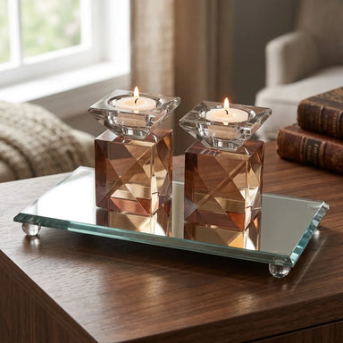 Crystal Tray with Crystal Elegant Candlesticks 9cm - Rose Gold, Dark Blue