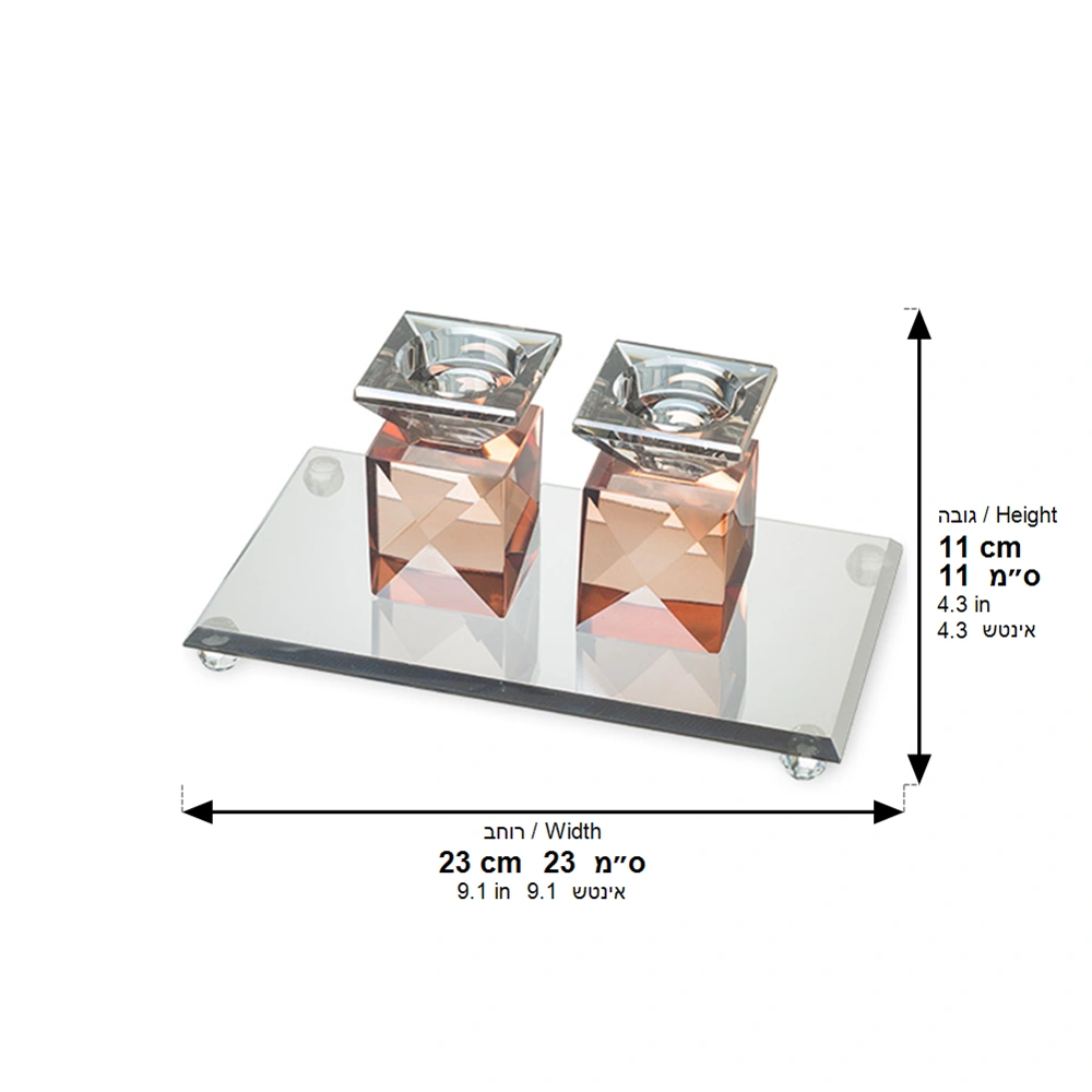 Crystal Tray with Crystal Elegant Candlesticks 9cm - Rose Gold, Dark Blue