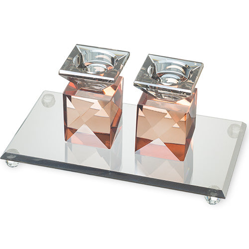 Crystal Tray with Crystal Elegant Candlesticks 9cm - Rose Gold, Dark Blue