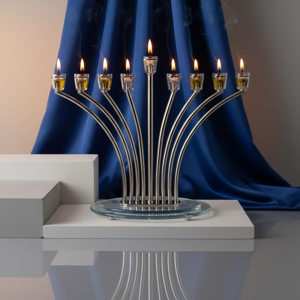 Metal Menorah 34.5 cm with Golden Crystal Cups- Silver Finish
