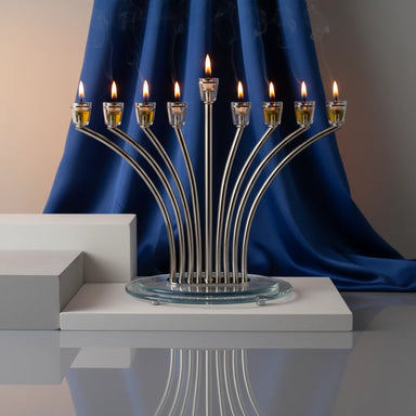 Metal Menorah 34.5 cm with Golden Crystal Cups- Silver Finish