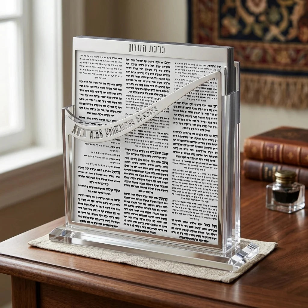 Lucite Stand Bencher- Ashkenzi Food Blessing, Silver Color