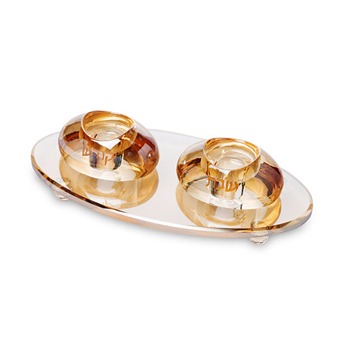 Crystal Elegant Candlesticks 4cm with Crystal Tray 24cm - Gold