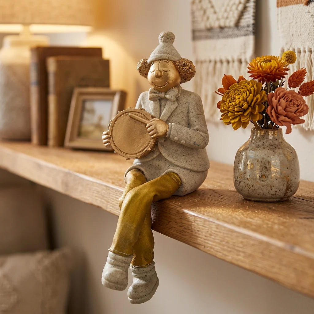 Polymer Clown Figurine with Cloth Legs 25 cm- Drum Player - Silver