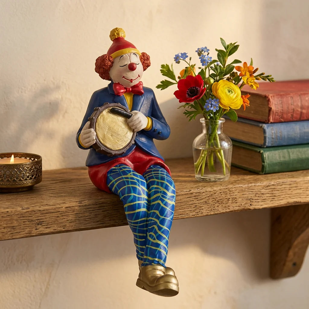 Polymer Clown Figurine with Cloth Legs 25 cm- Drum Player - Silver