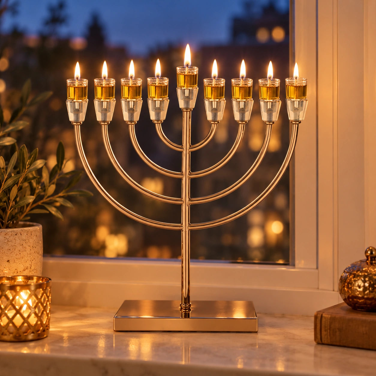 Metal Menorah with Crystal Base 36cm - Gold