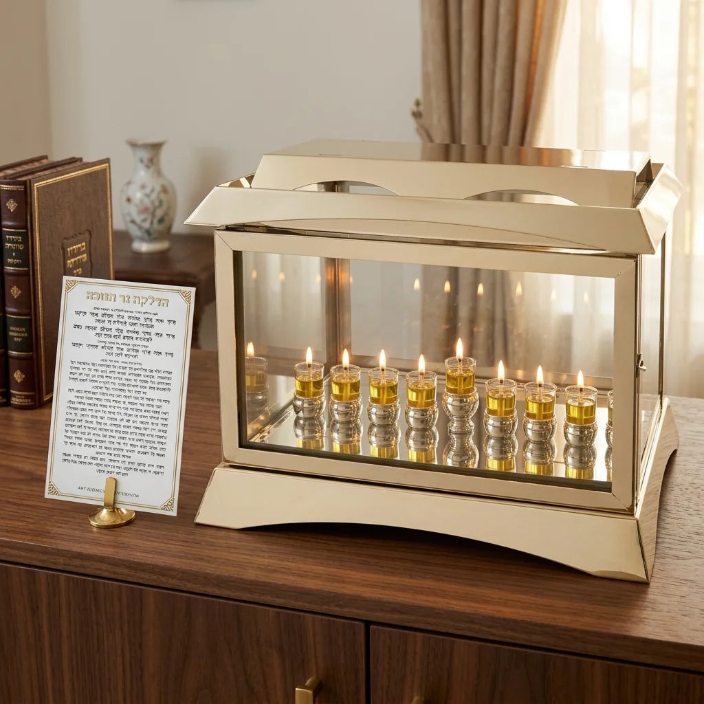 Metal and Glass Menorah Box with - Gold
