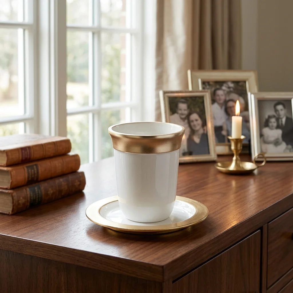 Aluminum Kiddush Cup 9 cm with Saucer - White