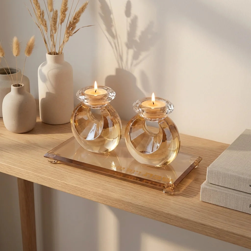 Set of Crystal Elegant Candlesticks and Tray - Gold