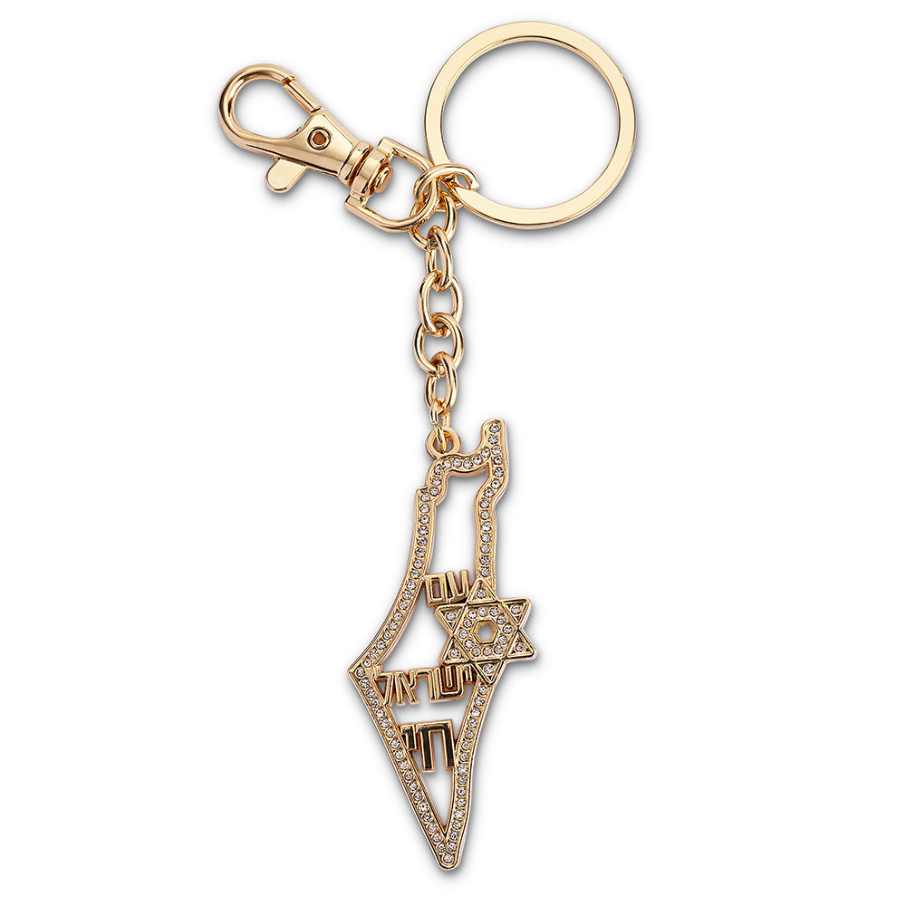 Keychain Israel Map with Stone Inlay 6.5 cm - Gold