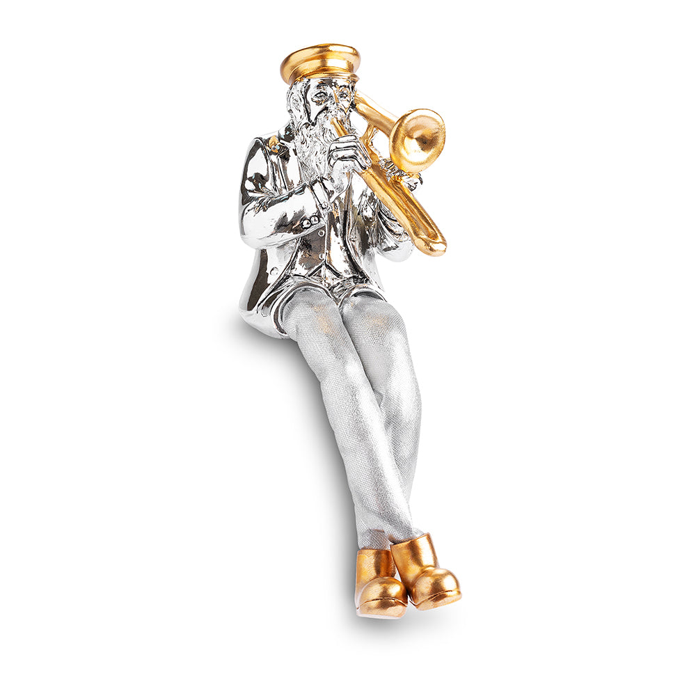 Silvered Polymer Sitting Hassidic Figurine with Cloth Legs 10.5 cm - Trombone Player