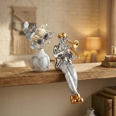 Silvered Polymer Sitting Hassidic Figurine with Cloth Legs 10.5 cm - Trombone Player