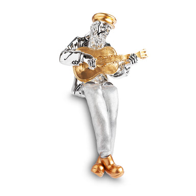 Silvered Polymer Sitting Hassidic Figurine with Cloth Legs 10.5 cm - Guitar Player