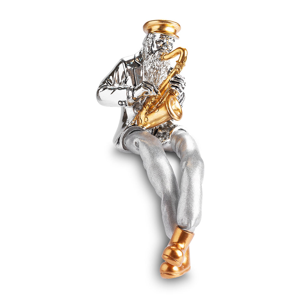 Silvered Polymer Sitting Hassidic Figurine with Cloth Legs 10.5 cm - Saxophone Player