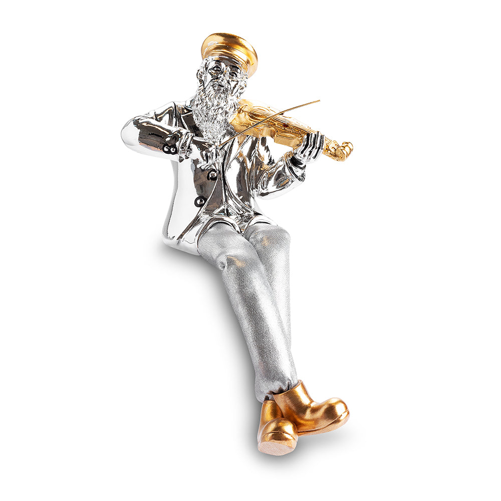 Silvered Polymer Sitting Hassidic Figurine with Cloth Legs 10.5 cm - Violin Player