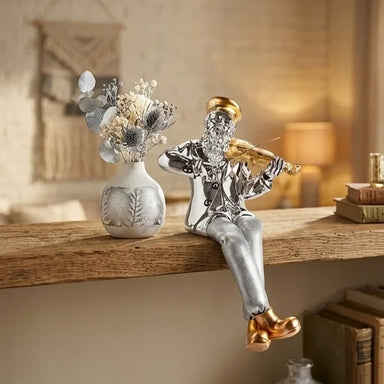 Silvered Polymer Sitting Hassidic Figurine with Cloth Legs 10.5 cm - Violin Player