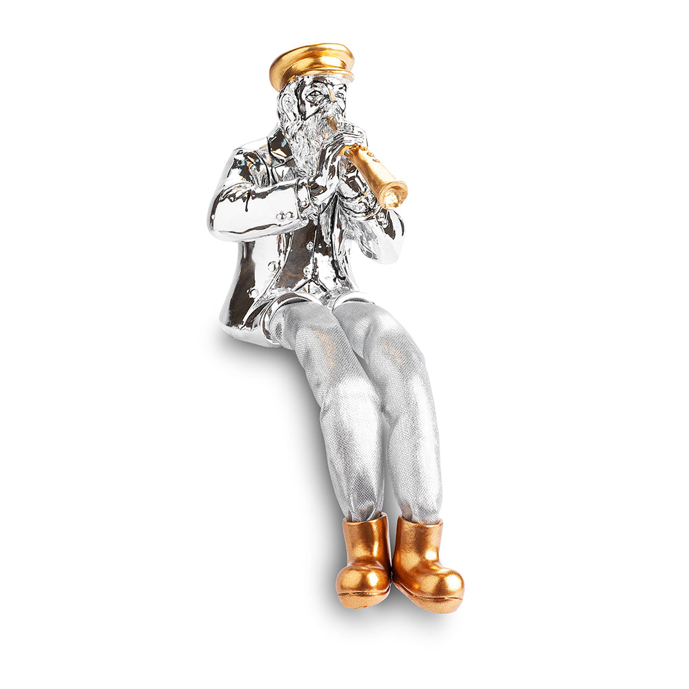 Silvered Polymer Sitting Hassidic Figurine with Cloth Legs 10.5 cm - Clarinet Player