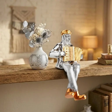 Silvered Polymer Sitting Hassidic Figurine with Cloth Legs 10.5 cm - Accordion Player