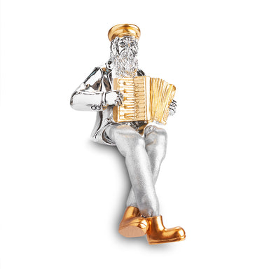 Silvered Polymer Sitting Hassidic Figurine with Cloth Legs 10.5 cm - Accordion Player