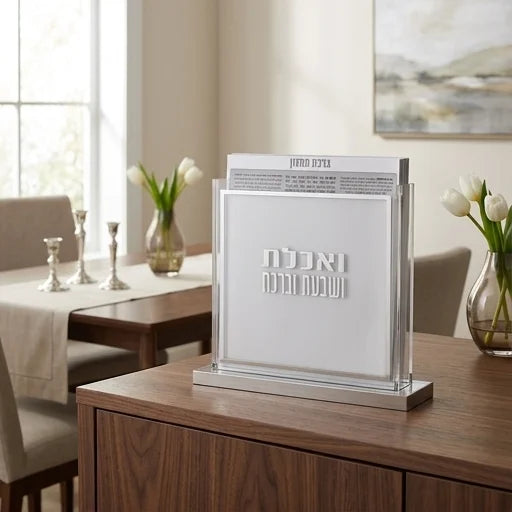 Perspex Stand Bencher- Ashkenzi Food Blessing 24x25 cm, Silver Color