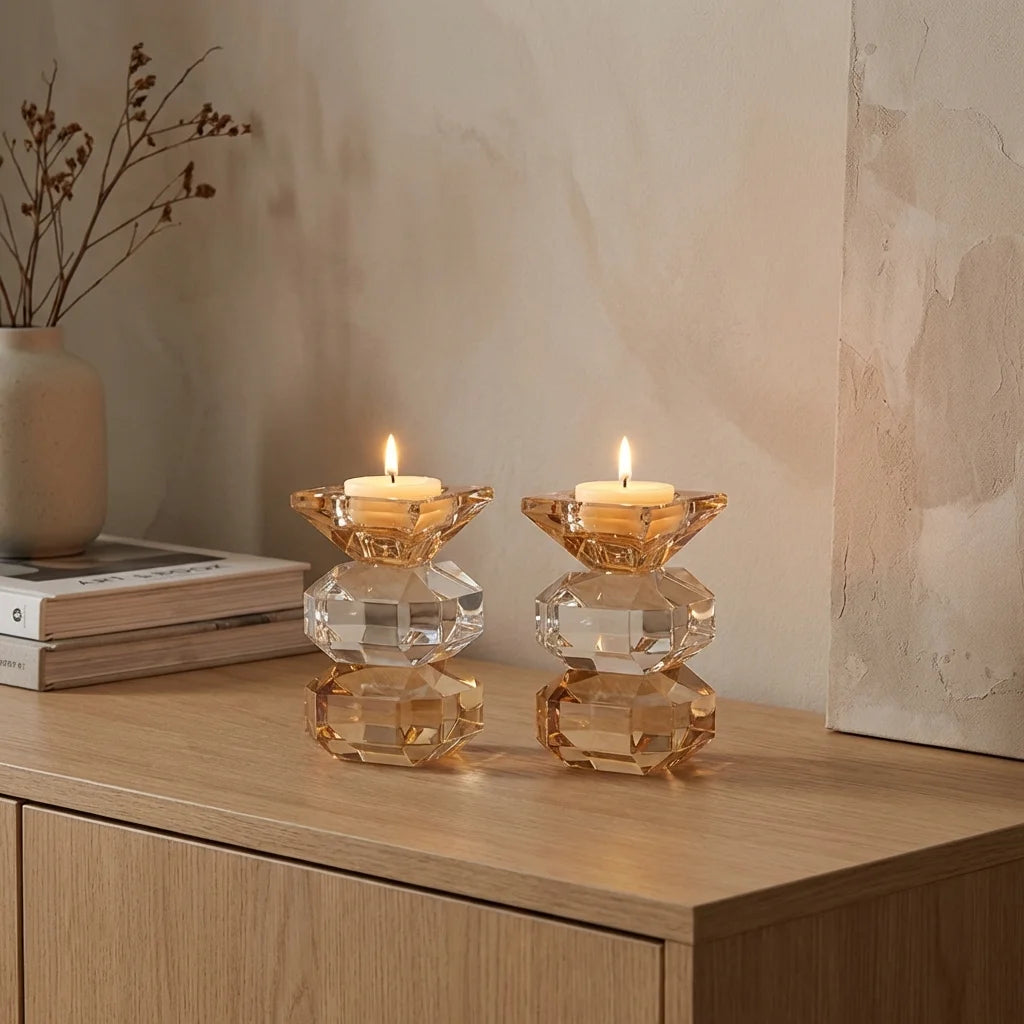 Pair of Crystal Elegant Candlesticks 12 cm - Gold, Black