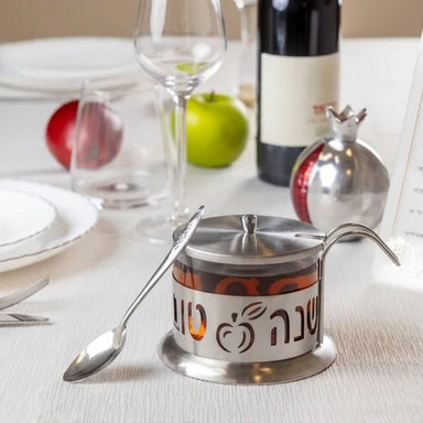 Stainless Steel Honey Dish 9 cm, Laser Cut- Happy New Year and Apple Decoration