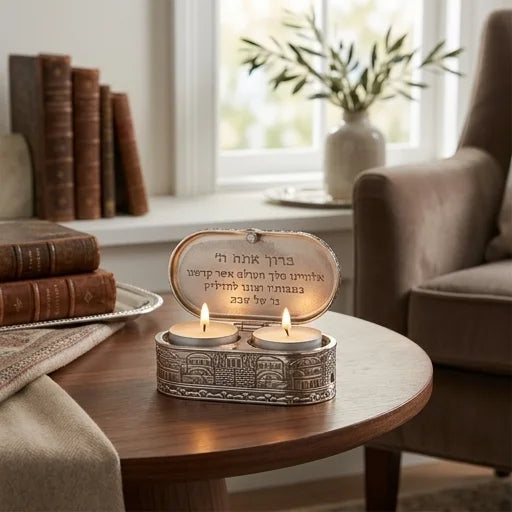Nickel Travel Size Candlesticks in a Box with Cover 4x9 cm - "Jerusalem"