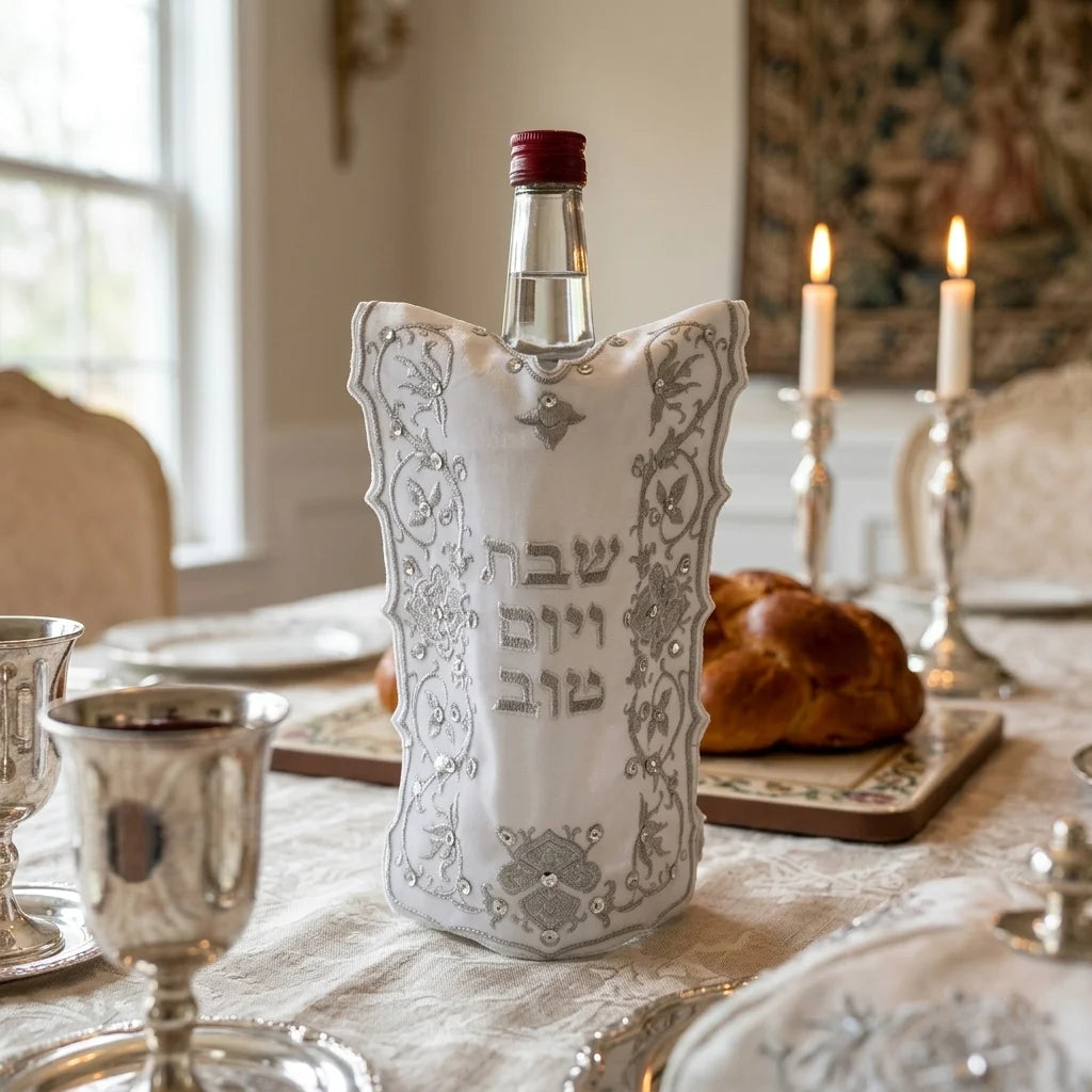 Satin Cover for Wine Bottle "Ornate" Design - Silver Embroidered Design 26 cm