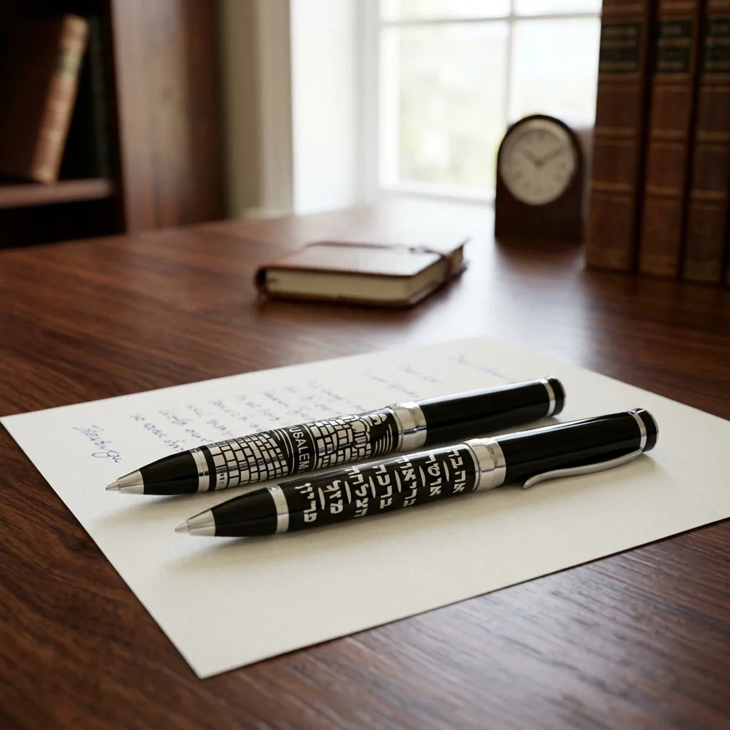 Elegant Black Pen Inscribed with Silver "7 Blessings" with "Jerusalem" Design 13.5 cm- -Hebrew