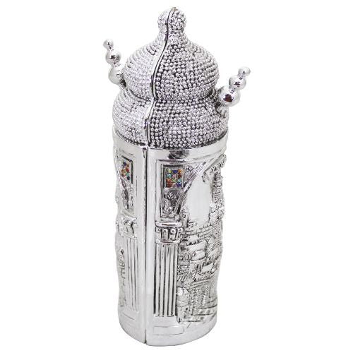Elegant Silvered Polymer Sephardic Torah Book for Children, Laid with Choshen Stones 20x10 cm